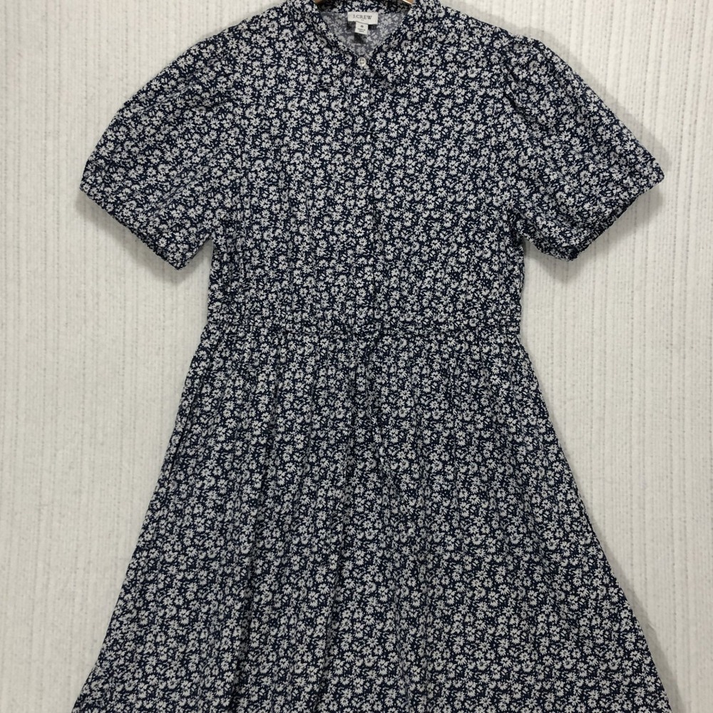 J.Crew Womens Navy Blue White Floral Daisy Puff Sleeve Button Front Dress Sz 8